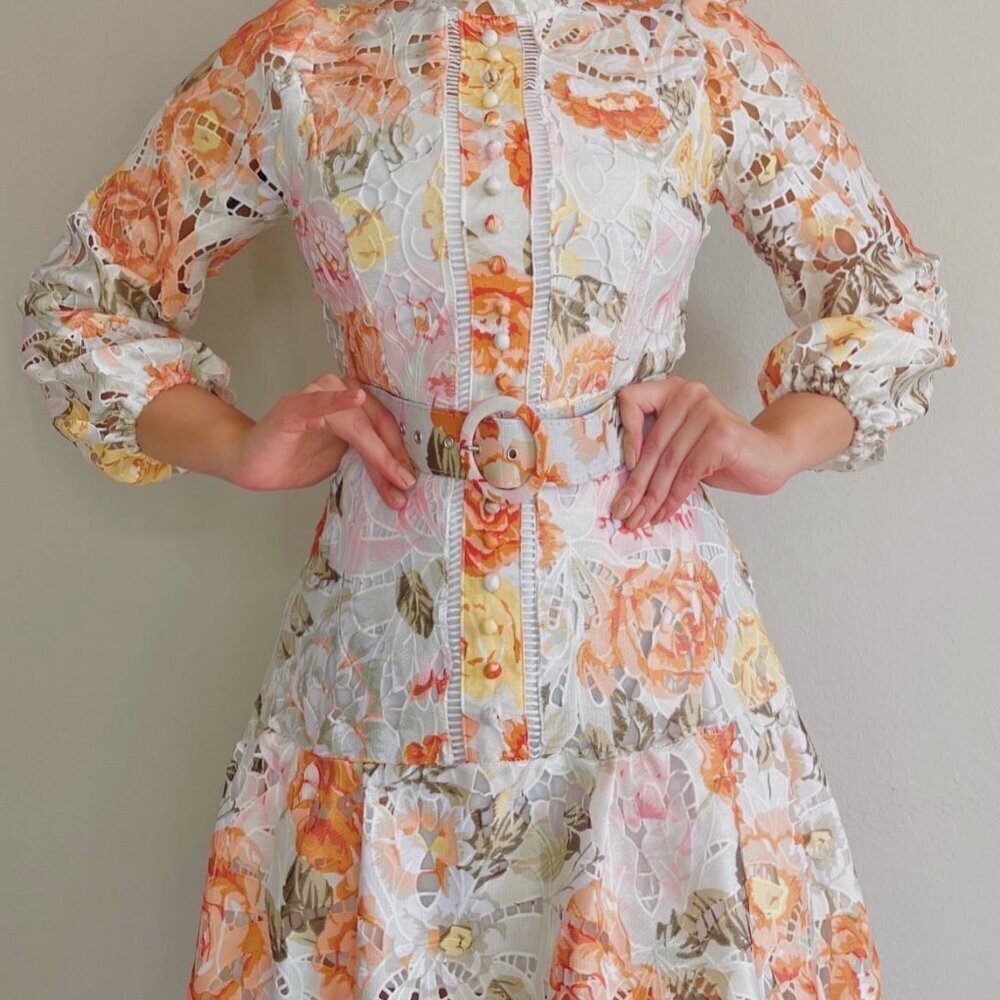 High‎ Neck Long Sleeve floral mini dress Spring